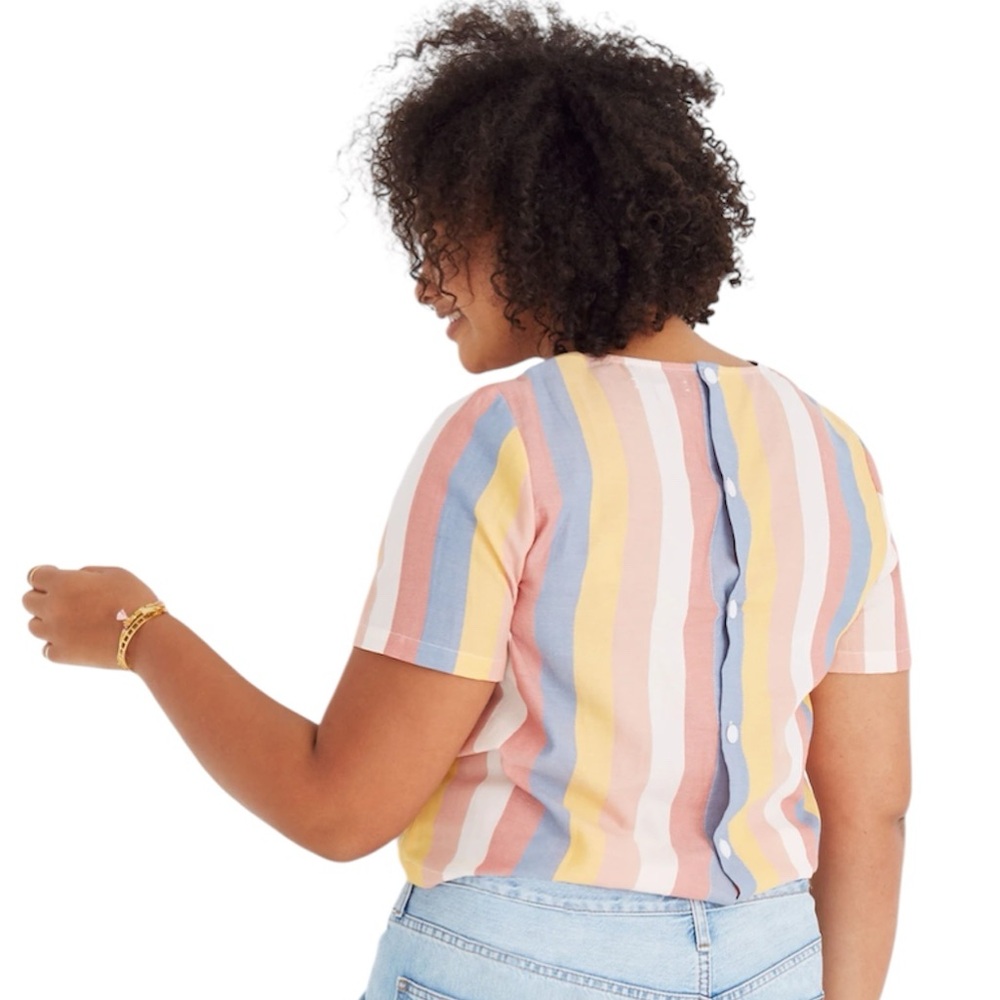 Madewell Button Back Tie Tee in Sherbet Stripe Short Sleeve Cotton Blouse Beach - Picture 3 of 10